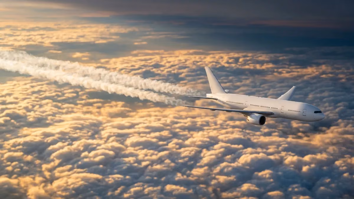 Widebody jet cruising above the clouds at sunset