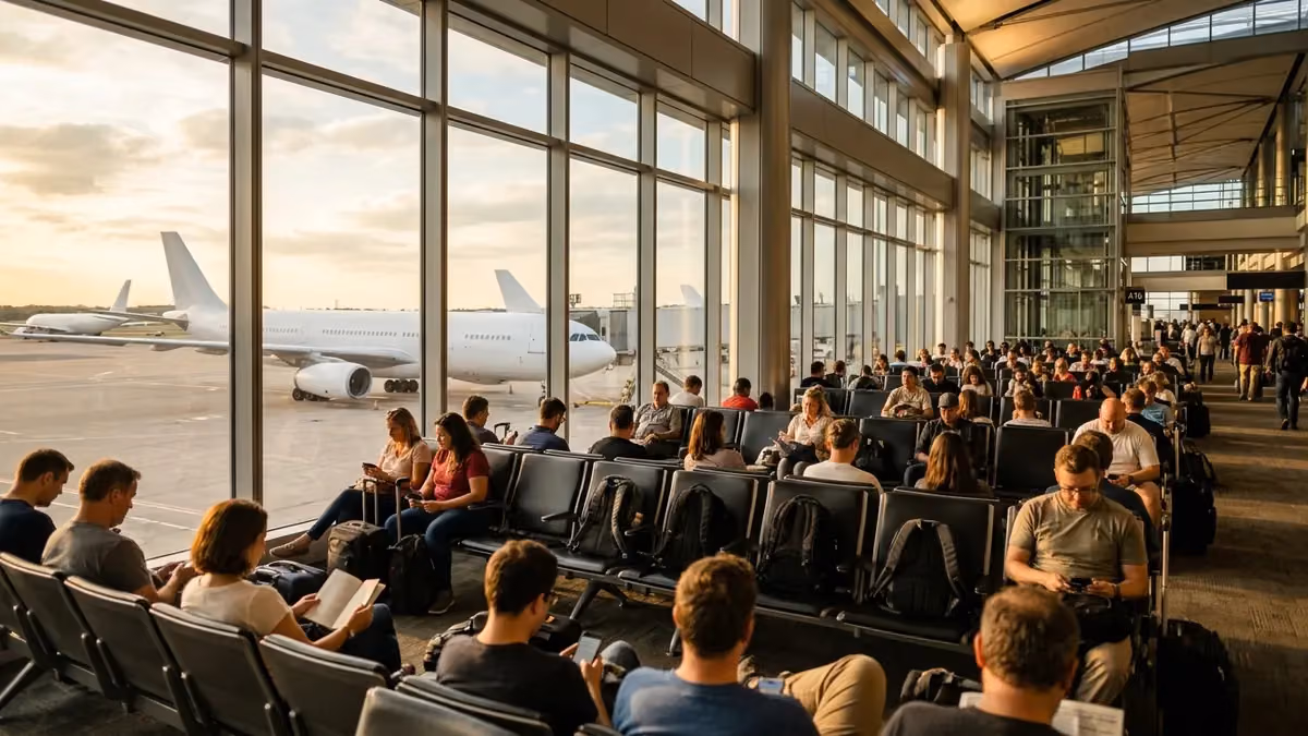 Crowded gate area before boarding