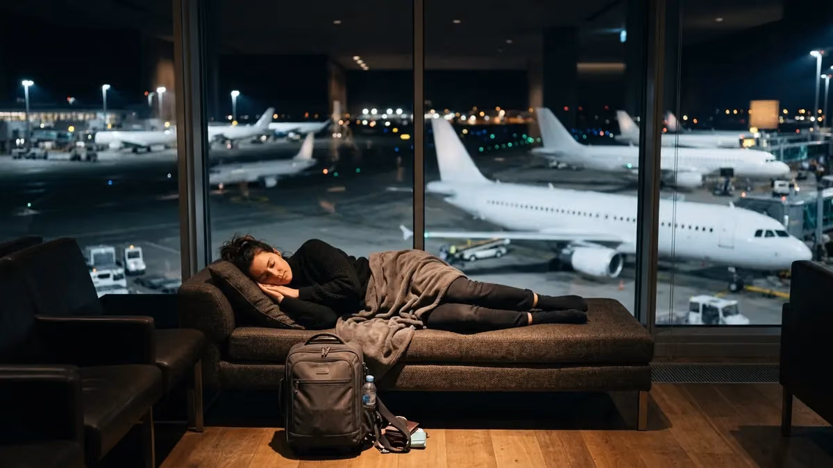 Traveller resting in a transit lounge at night