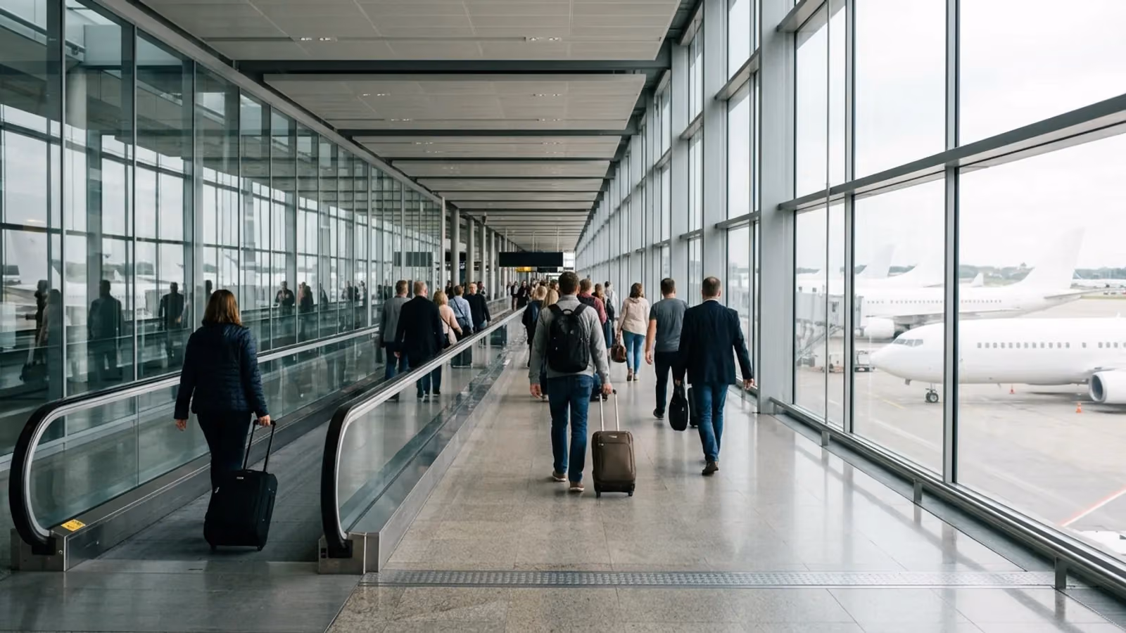 Travellers on a moving walkway in a connecting terminal