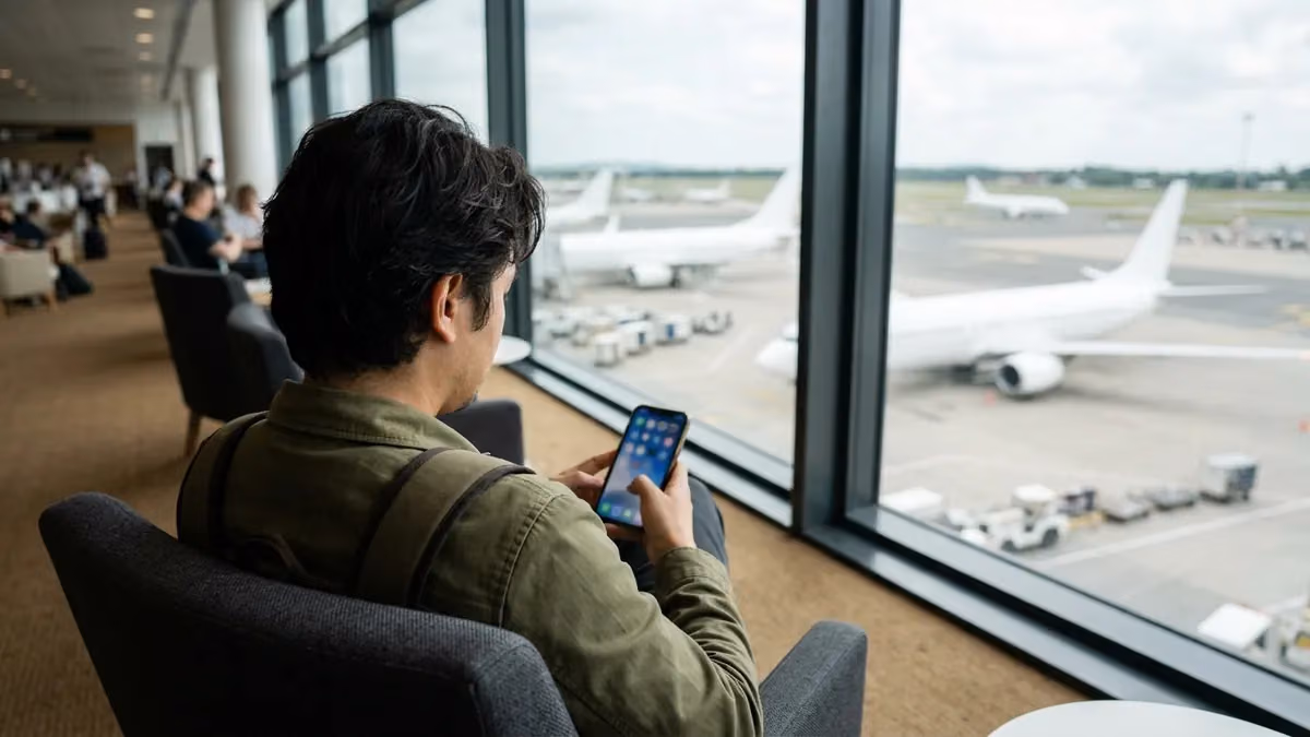 Traveller checking a phone in an airport lounge