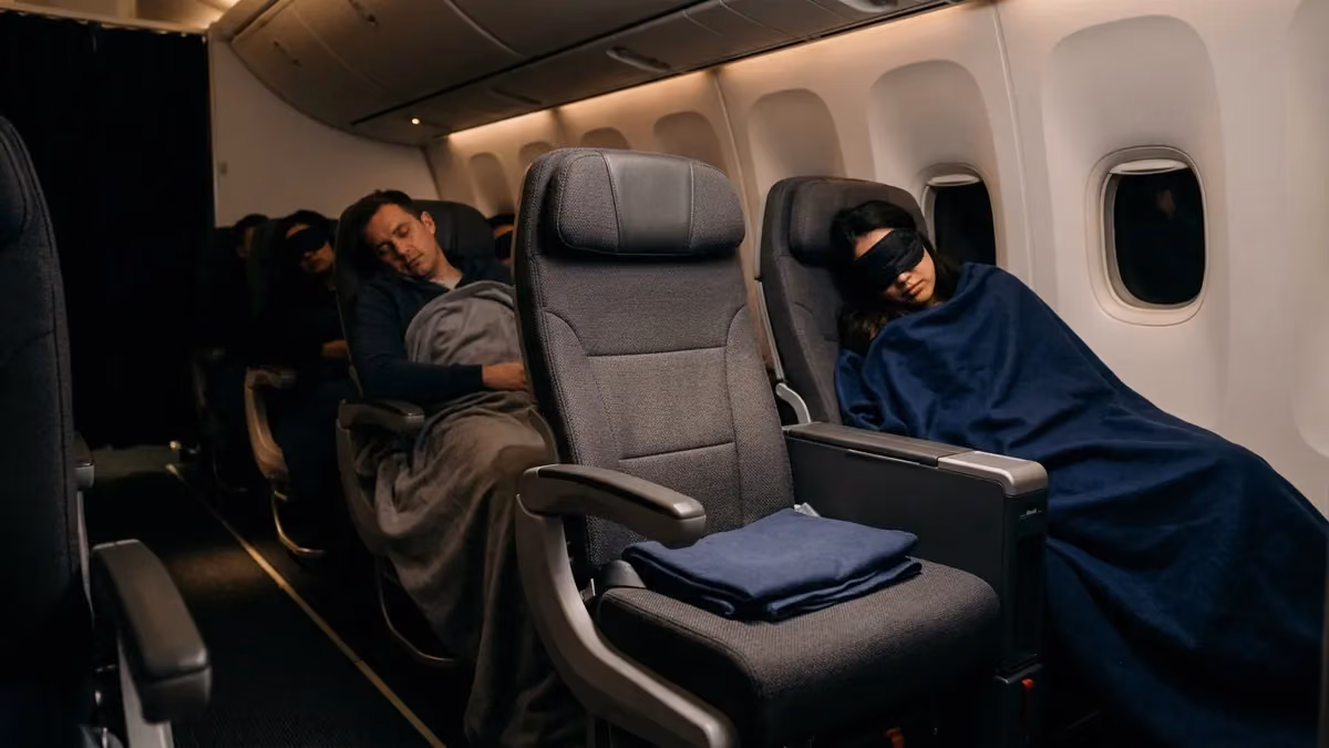 Empty seat between sleeping travellers on a night flight