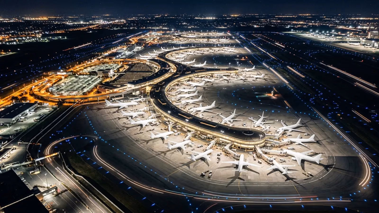 Hub airport at night with aircraft at every gate