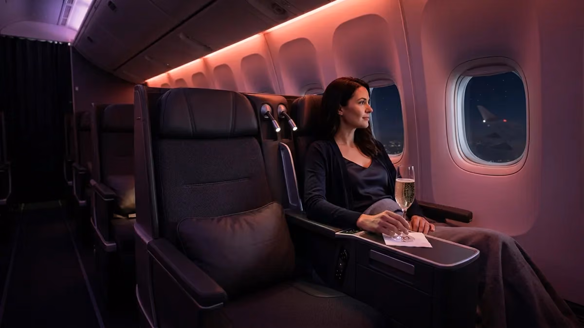 Business seat at night with a glass of champagne