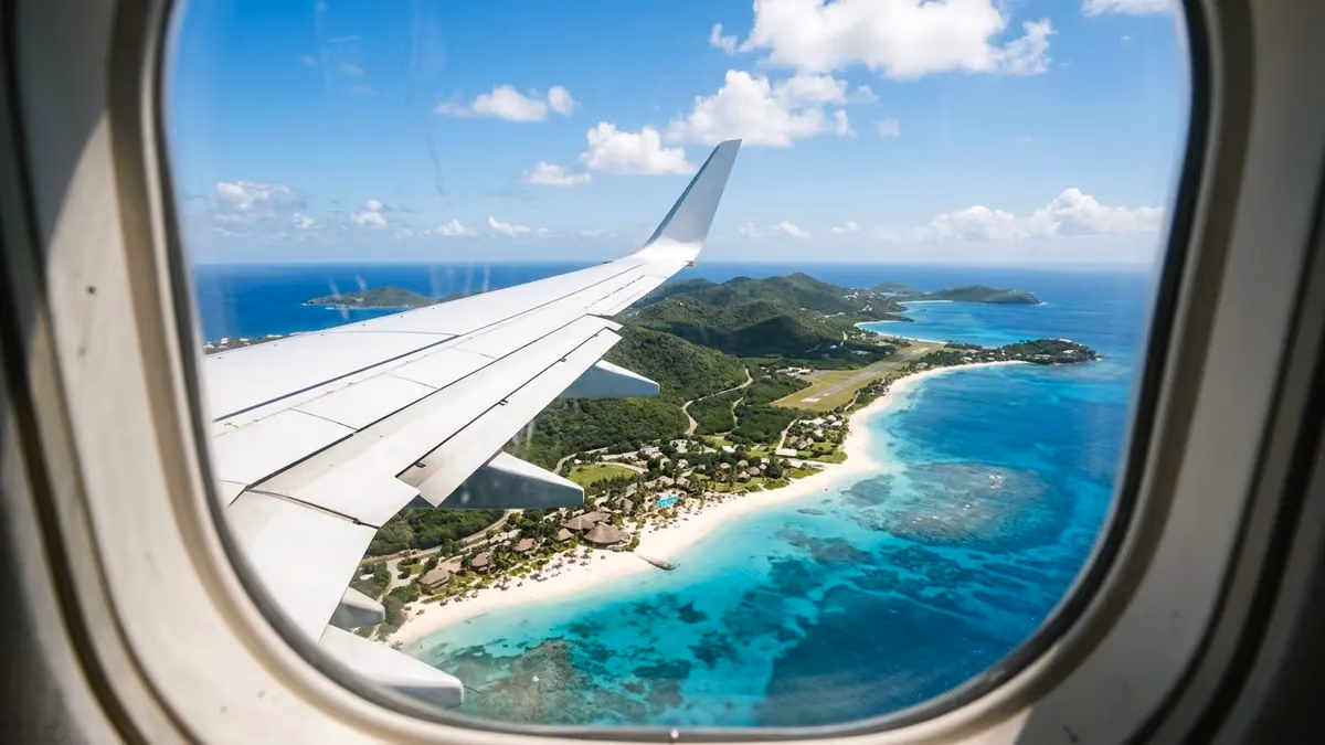 Caribbean island seen from a window on approach