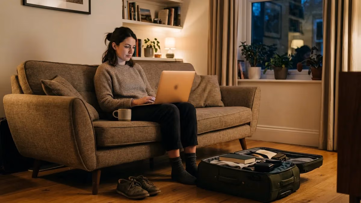 Traveller on a sofa with a laptop and a half-packed case